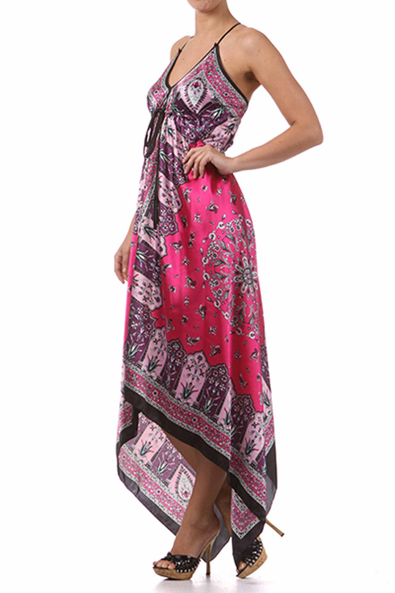 Silk Feel Handkerchief Hem Criss Cross Back Adjustable Maxi / Long Dress