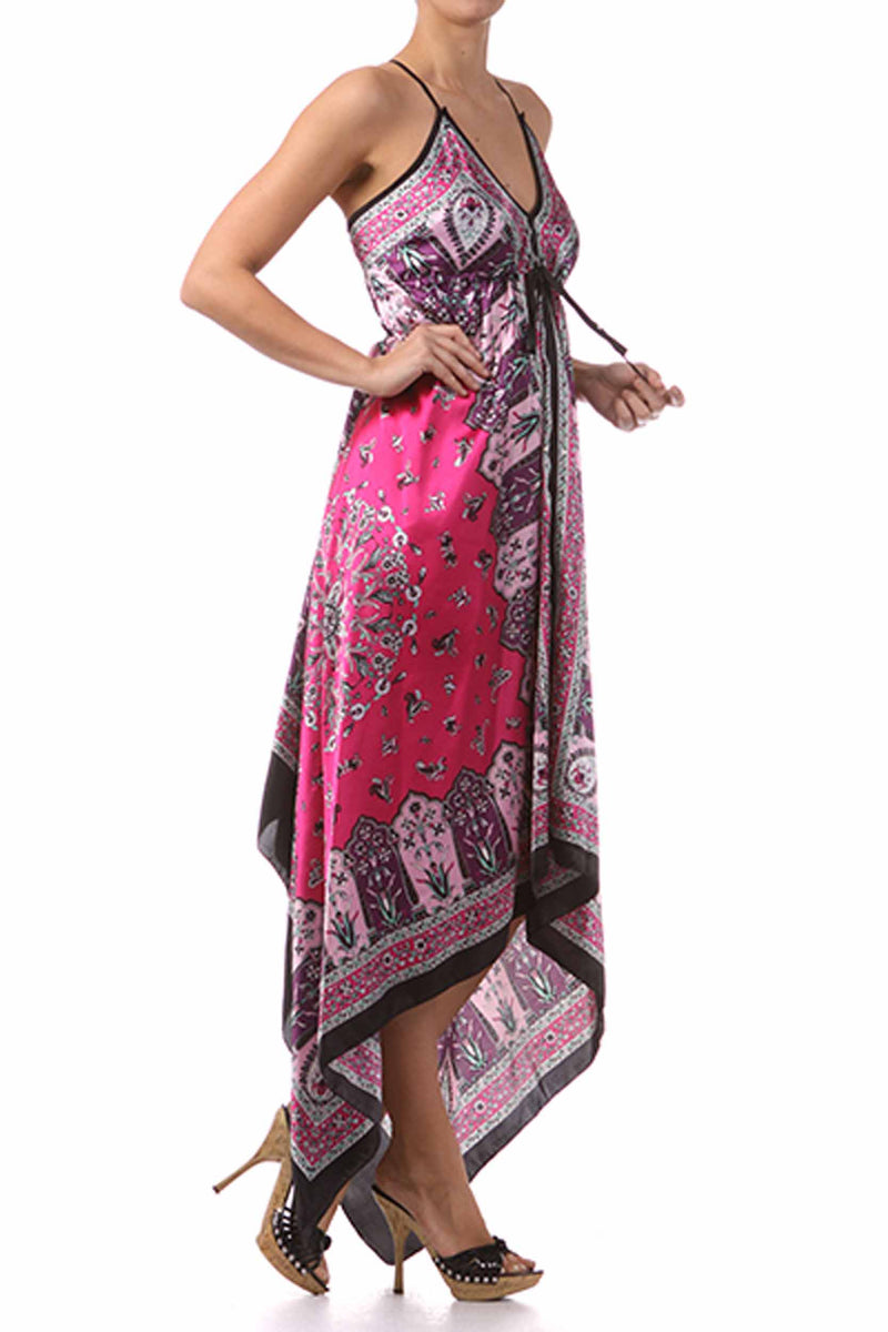 Silk Feel Handkerchief Hem Criss Cross Back Adjustable Maxi / Long Dress
