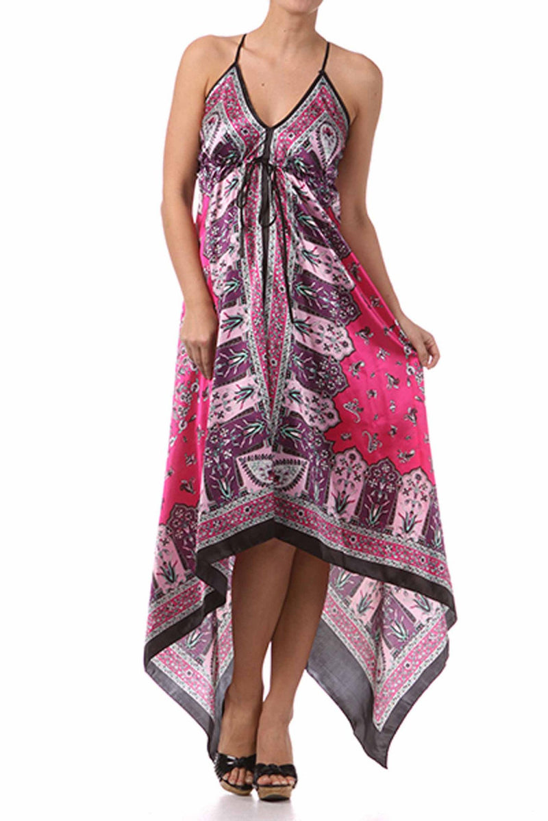 Silk Feel Handkerchief Hem Criss Cross Back Adjustable Maxi / Long Dress