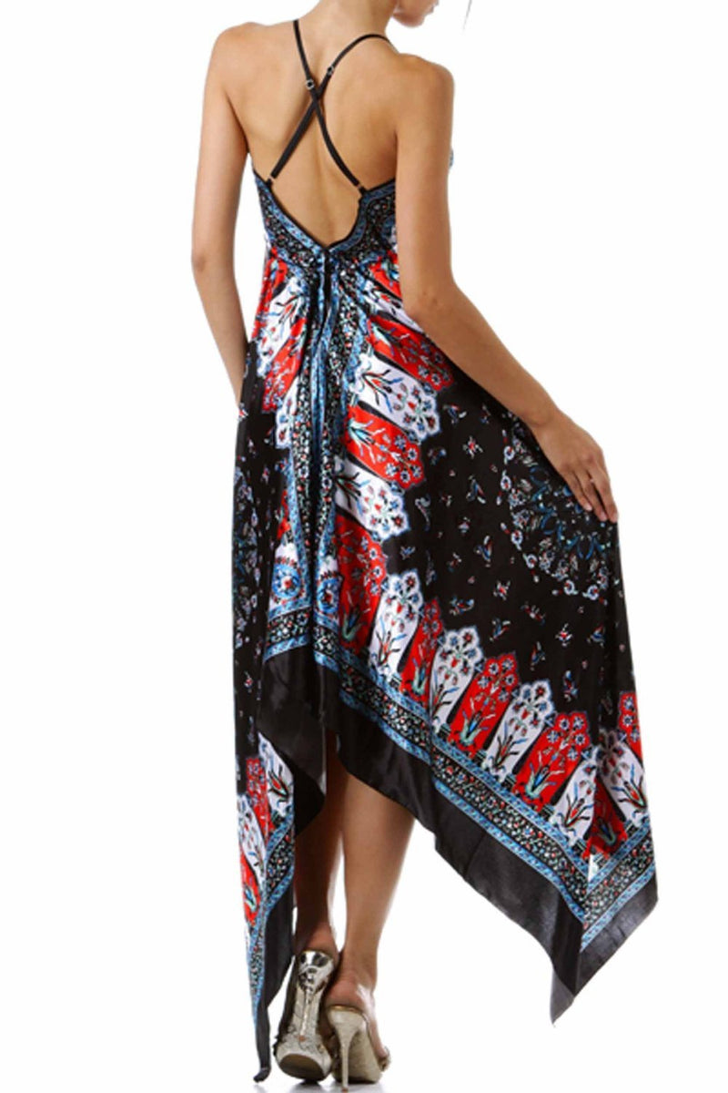 Silk Feel Handkerchief Hem Criss Cross Back Adjustable Maxi / Long Dress