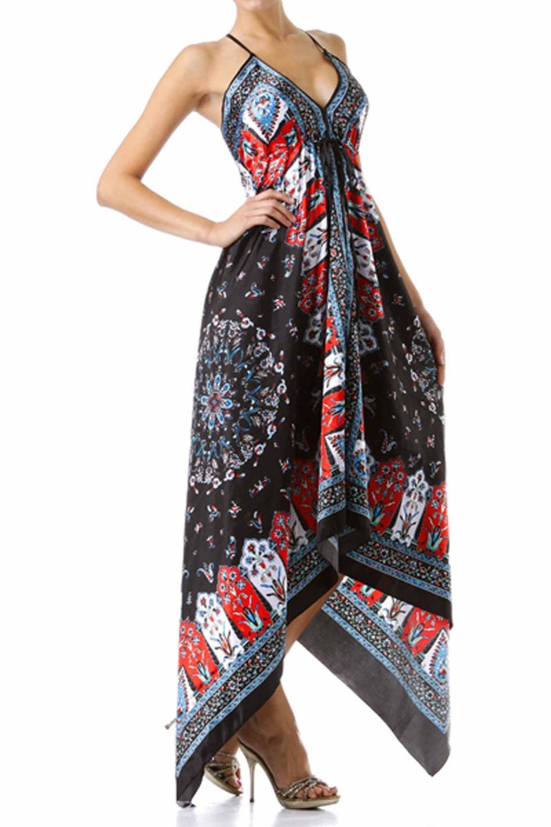 Silk Feel Handkerchief Hem Criss Cross Back Adjustable Maxi / Long Dress