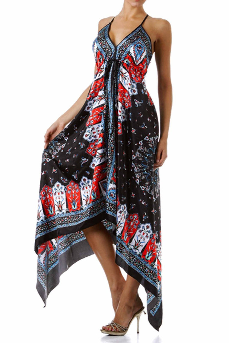 Silk Feel Handkerchief Hem Criss Cross Back Adjustable Maxi / Long Dress
