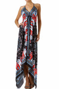 Silk Feel Handkerchief Hem Criss Cross Back Adjustable Maxi / Long Dress#color_Red/Black