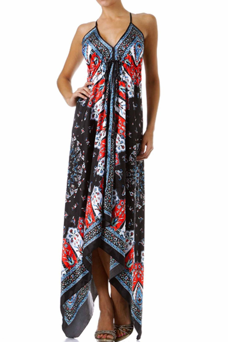 Silk Feel Handkerchief Hem Criss Cross Back Adjustable Maxi / Long Dress