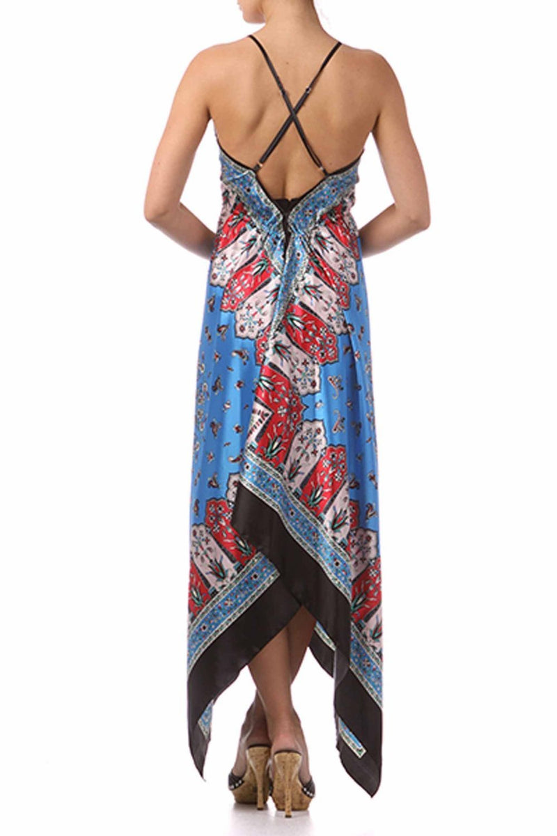 Silk Feel Handkerchief Hem Criss Cross Back Adjustable Maxi / Long Dress