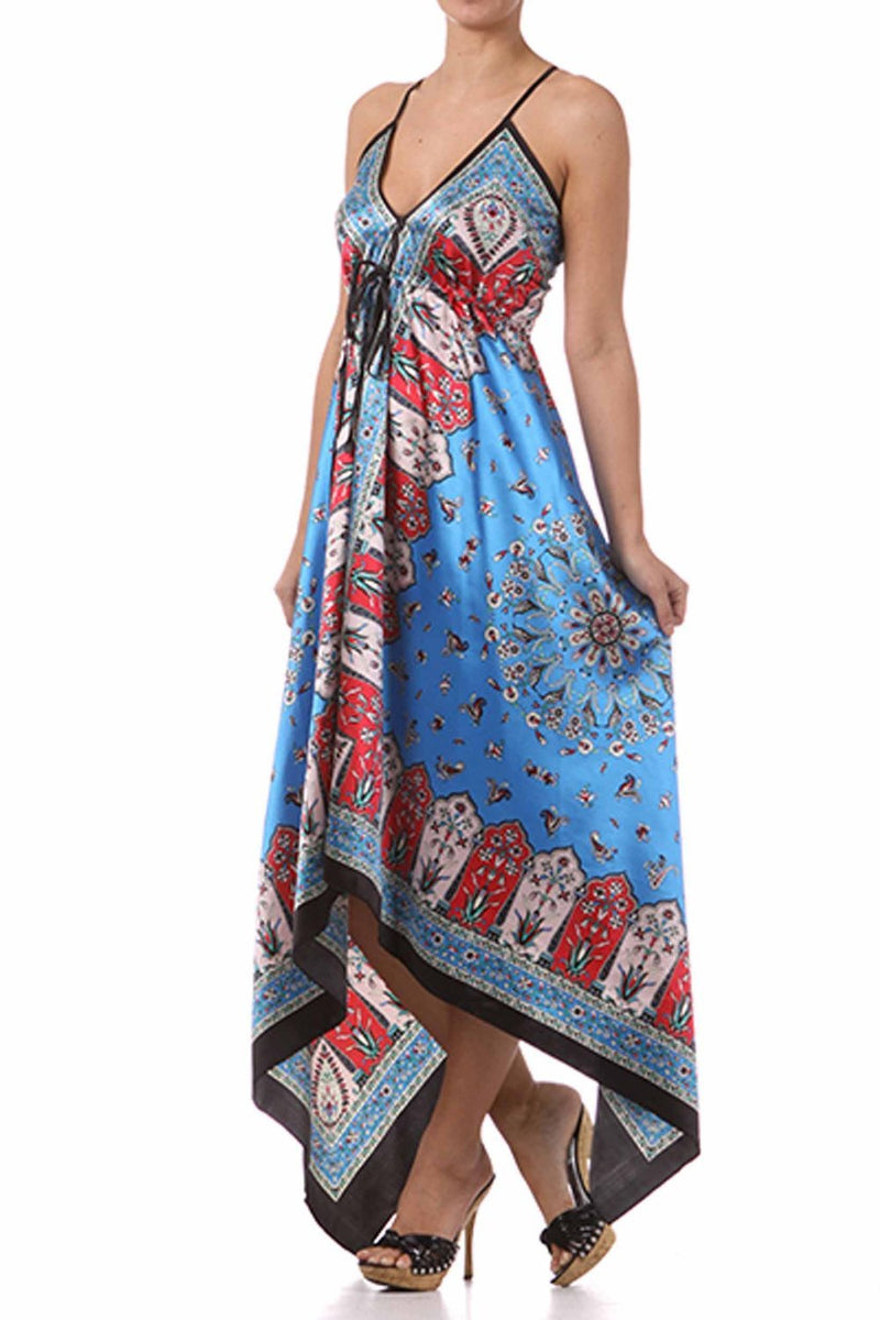 Silk Feel Handkerchief Hem Criss Cross Back Adjustable Maxi / Long Dress