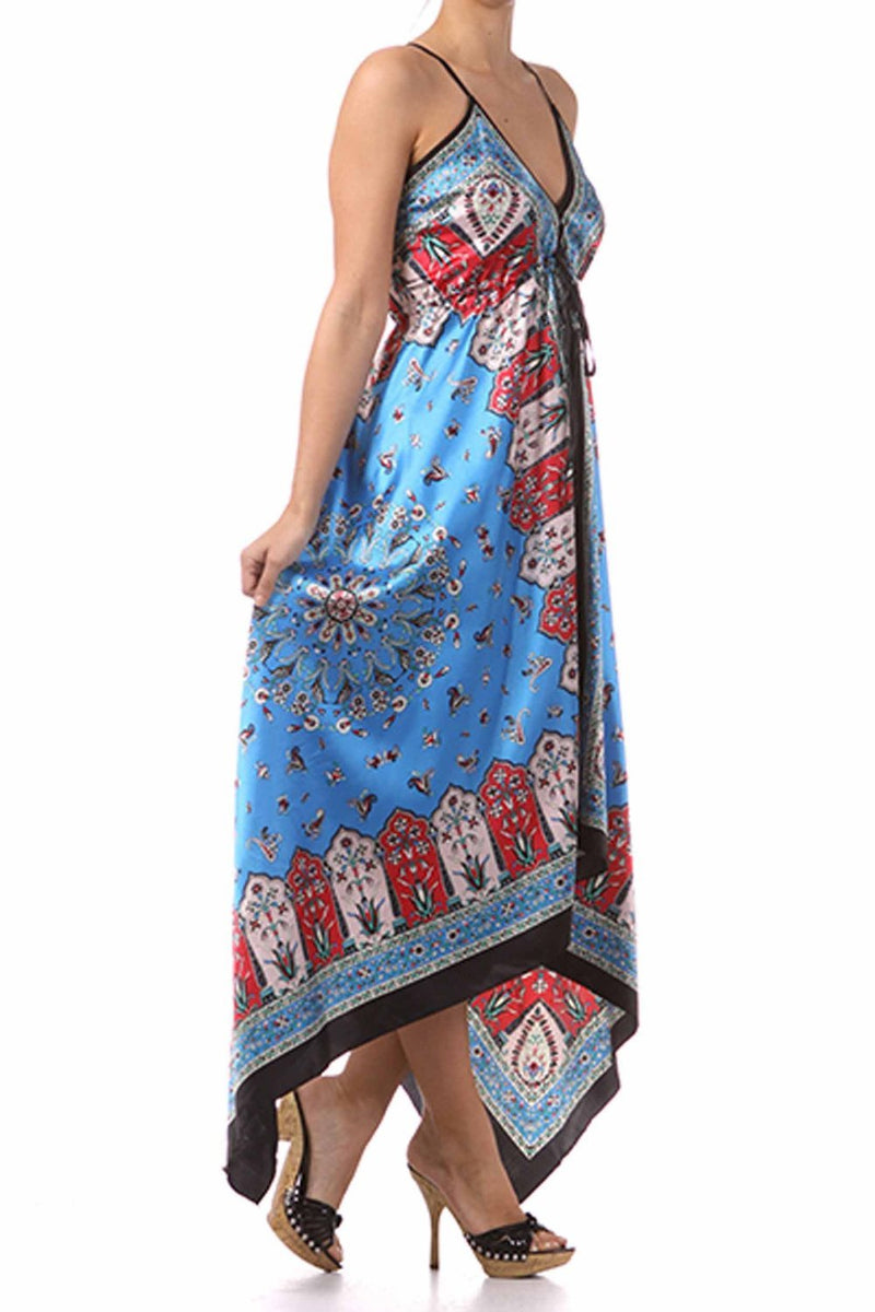 Silk Feel Handkerchief Hem Criss Cross Back Adjustable Maxi / Long Dress