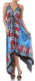 Silk Feel Handkerchief Hem Criss Cross Back Adjustable Maxi / Long Dress#color_Turquoise/Red