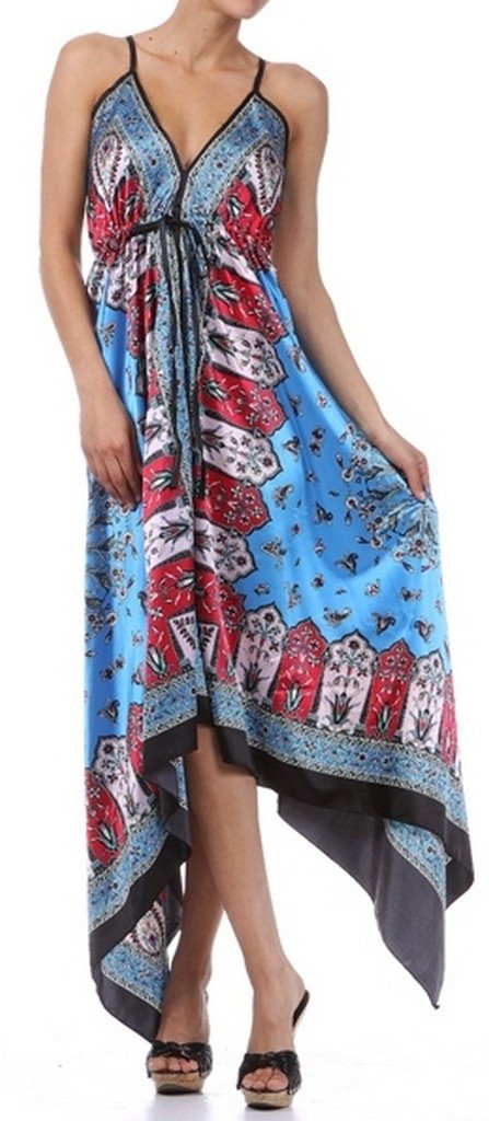 Silk Feel Handkerchief Hem Criss Cross Back Adjustable Maxi / Long Dress