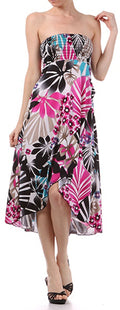 Graphic Leaf Print Strapless High Low Dress / Skirt#color_Fuchsia