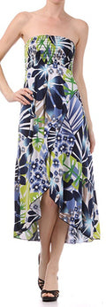 Graphic Leaf Print Strapless High Low Dress / Skirt#color_Navy