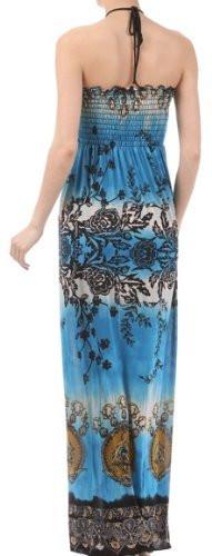 Floral Rose Jeweled Oval Graphic Print Beaded Halter Smocked Bodice Long / Maxi Dress
