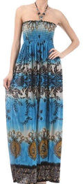 Floral Rose Jeweled Oval Graphic Print Beaded Halter Smocked Bodice Long / Maxi Dress#color_Blue