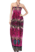 Floral Rose Jeweled Oval Graphic Print Beaded Halter Smocked Bodice Long / Maxi Dress#color_Magenta
