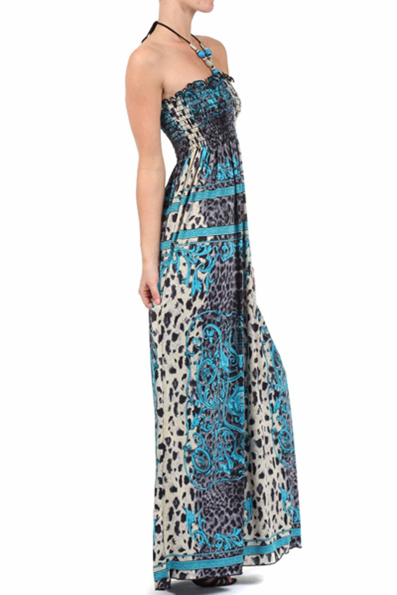 Sakkas Leopard Print Beaded Halter Smocked Bodice Maxi Dress