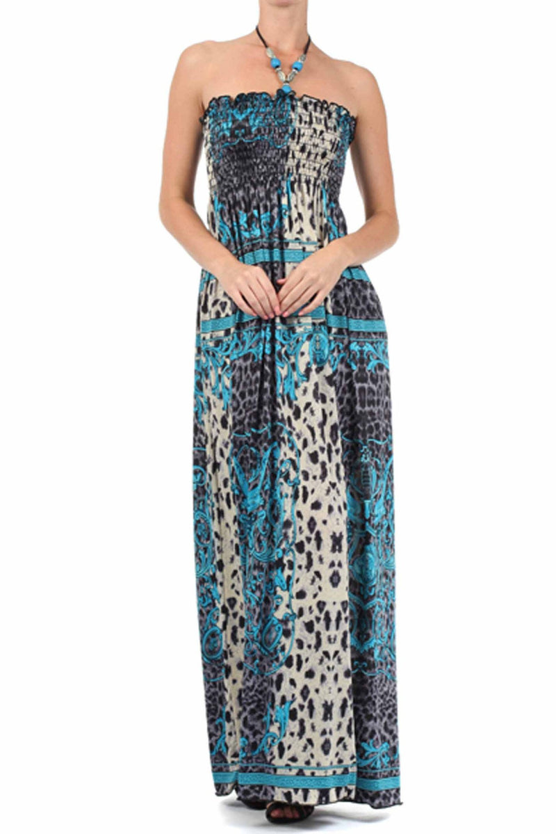 Sakkas Leopard Print Beaded Halter Smocked Bodice Maxi Dress