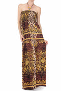 Sakkas Leopard Print Beaded Halter Smocked Bodice Maxi Dress#color_Yellow