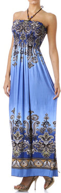 Sakkas Paisley Graphic Print Beaded Halter Smocked Bodice Maxi Dress#color_Blue
