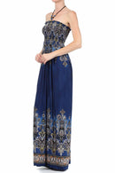 Sakkas Paisley Graphic Print Beaded Halter Smocked Bodice Maxi Dress