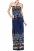 Sakkas Paisley Graphic Print Beaded Halter Smocked Bodice Maxi Dress#color_Navy