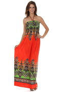 Sakkas Paisley Graphic Print Beaded Halter Smocked Bodice Maxi Dress#color_Orange