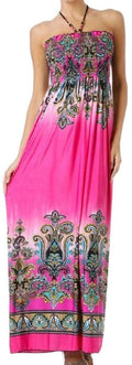 Sakkas Paisley Graphic Print Beaded Halter Smocked Bodice Maxi Dress#color_Pink