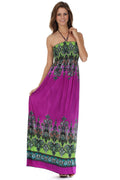 Sakkas Paisley Graphic Print Beaded Halter Smocked Bodice Maxi Dress#color_Purple/Green