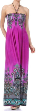 Sakkas Paisley Graphic Print Beaded Halter Smocked Bodice Maxi Dress#color_Purple