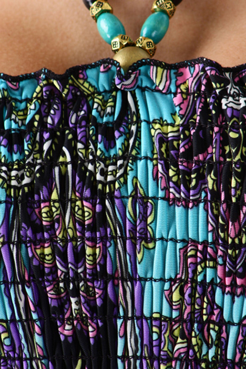 Sakkas Paisley Graphic Print Beaded Halter Smocked Bodice Maxi Dress
