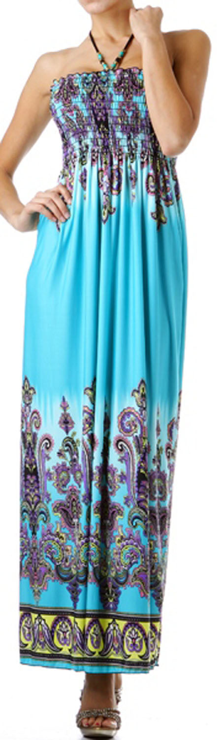 Sakkas Paisley Graphic Print Beaded Halter Smocked Bodice Maxi Dress