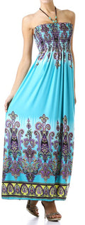 Sakkas Paisley Graphic Print Beaded Halter Smocked Bodice Maxi Dress#color_Turquoise/Purple
