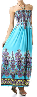 Sakkas Paisley Graphic Print Beaded Halter Smocked Bodice Maxi Dress