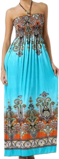 Sakkas Paisley Graphic Print Beaded Halter Smocked Bodice Maxi Dress#color_Turquoise/Orange