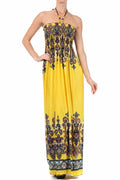 Sakkas Paisley Graphic Print Beaded Halter Smocked Bodice Maxi Dress#color_Yellow