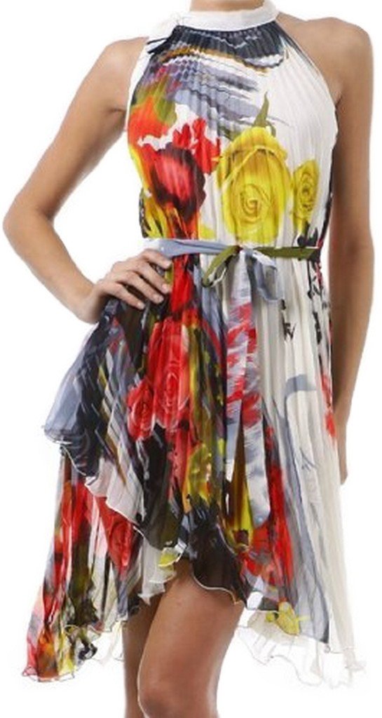 Asymmetrical Hem Pleated Short Sleeveless Dress with Rose Design#color_Black