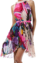 Asymmetrical Hem Pleated Short Sleeveless Dress with Rose Design#color_Pink