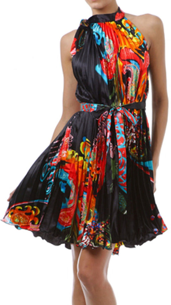 Satin Pleated Short Sleeveless Dress with Paisley Design#color_Black
