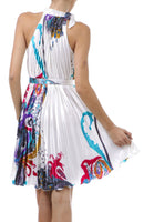 Satin Pleated Short Sleeveless Dress with Paisley Design