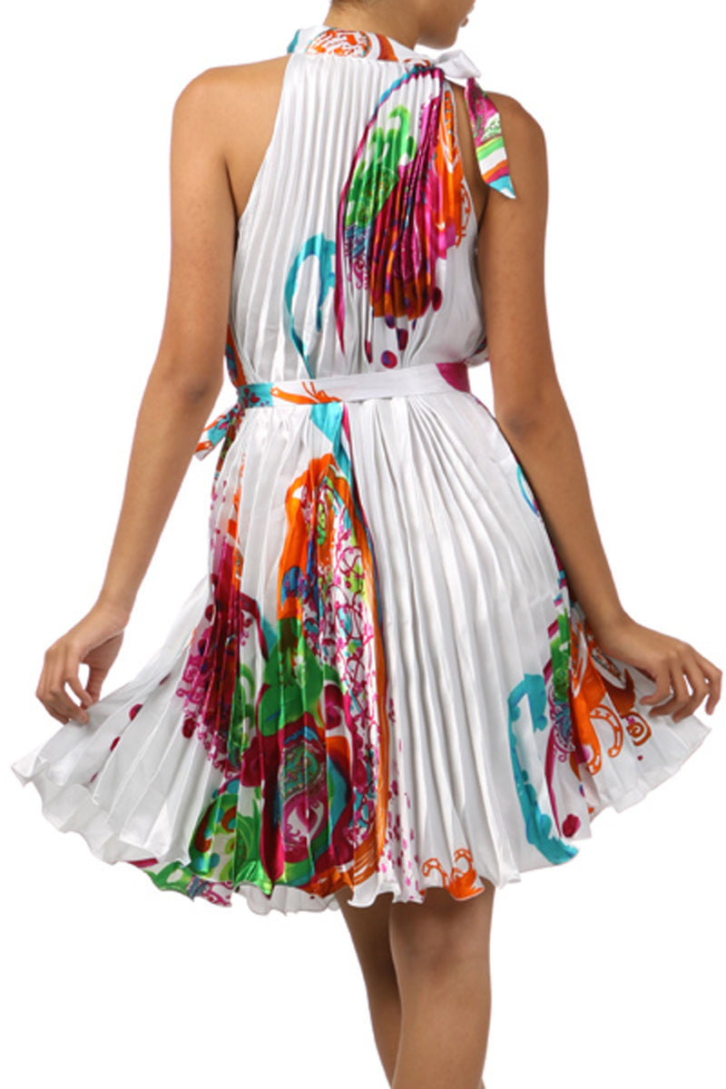 Satin Pleated Short Sleeveless Dress with Paisley Design