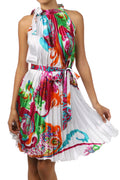 Satin Pleated Short Sleeveless Dress with Paisley Design#color_White/Fuchsia