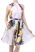 Satin Pleated Short Sleeveless Dress with Paisley Design#color_White/Yellow