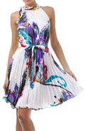 Satin Pleated Short Sleeveless Dress with Paisley Design#color_White