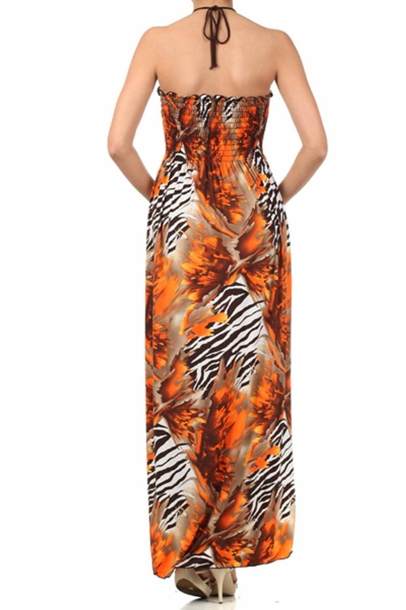 Wild Zebra Inspired Graphic Print Beaded Halter Smocked Bodice Long / Maxi Dress