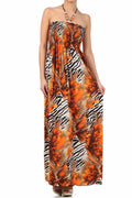 Wild Zebra Inspired Graphic Print Beaded Halter Smocked Bodice Long / Maxi Dress#color_Orange
