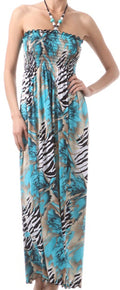 Wild Zebra Inspired Graphic Print Beaded Halter Smocked Bodice Long / Maxi Dress#color_Turquoise