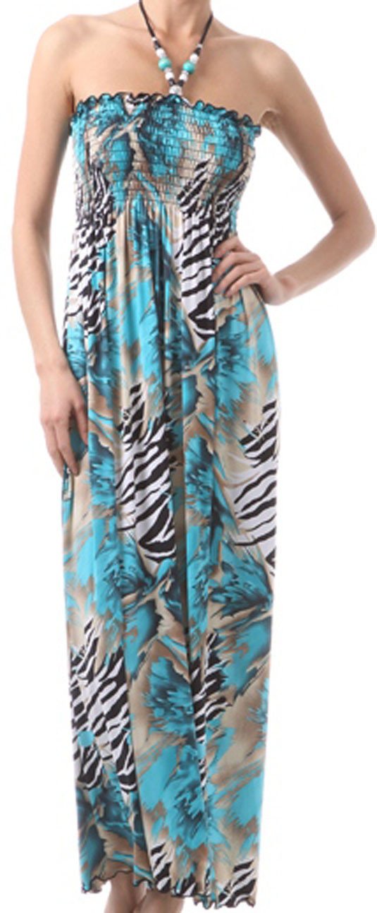 Wild Zebra Inspired Graphic Print Beaded Halter Smocked Bodice Long / Maxi Dress