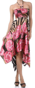 Sakkas Zebra Inspired Satin Feel Halter Smocked Bodice Handkerchief Hem Dress#color_Pink