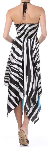 Sakkas Zebra Inspired Satin Feel Halter Smocked Bodice Handkerchief Hem Dress
