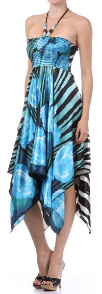 Sakkas Zebra Inspired Satin Feel Halter Smocked Bodice Handkerchief Hem Dress