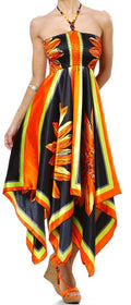 Diamond Flower Satin Feel Beaded Halter Smocked Bodice Handkerchief Hem Dress#color_Orange